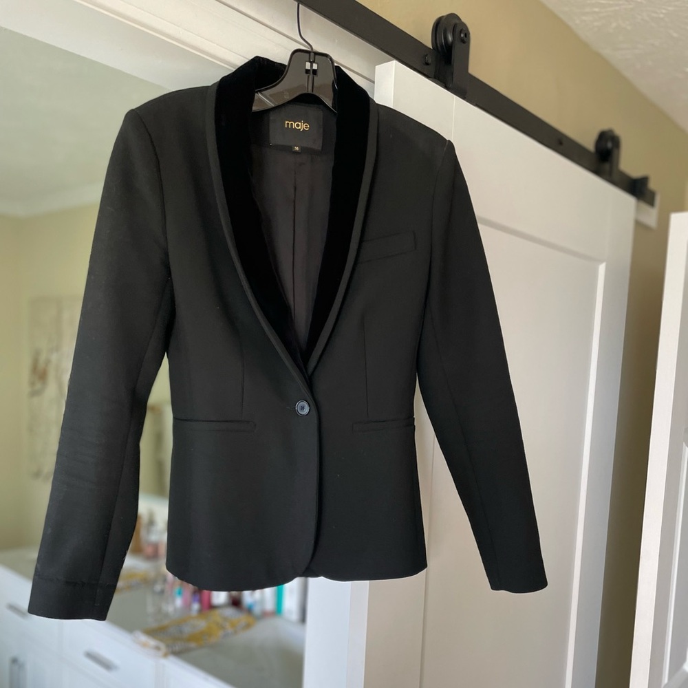 Maje Black Blazer Jacket with Black Velvet Collar